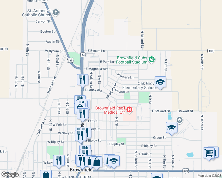 map of restaurants, bars, coffee shops, grocery stores, and more near 510 Cactus Lane in Brownfield
