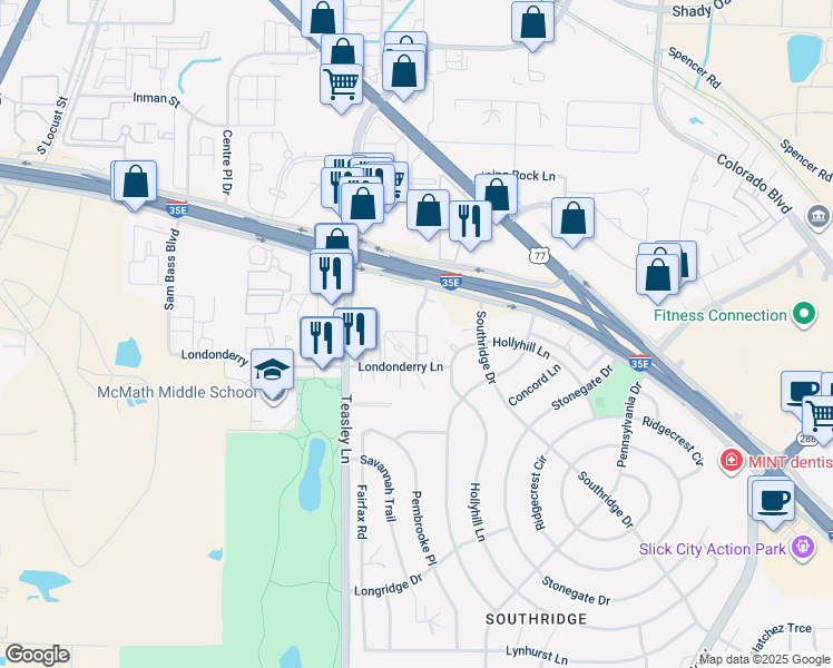 map of restaurants, bars, coffee shops, grocery stores, and more near 1820 Westminster Street in Denton