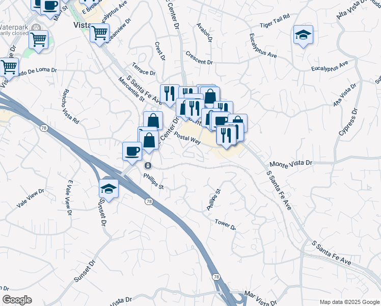 map of restaurants, bars, coffee shops, grocery stores, and more near 955 Postal Way in Vista