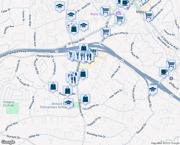 map of restaurants, bars, coffee shops, grocery stores, and more near 338 South Melrose Drive in Vista