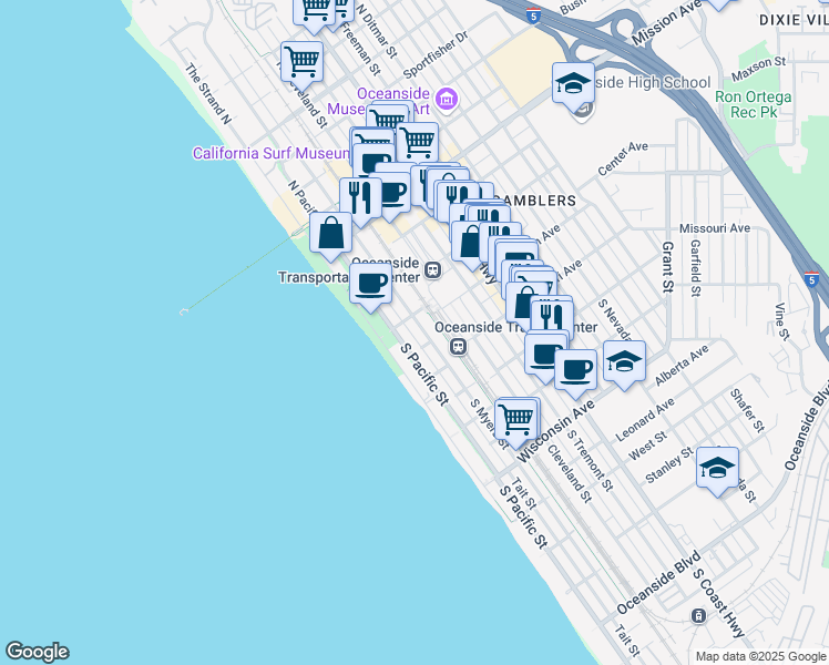 map of restaurants, bars, coffee shops, grocery stores, and more near 303 South Myers Street in Oceanside