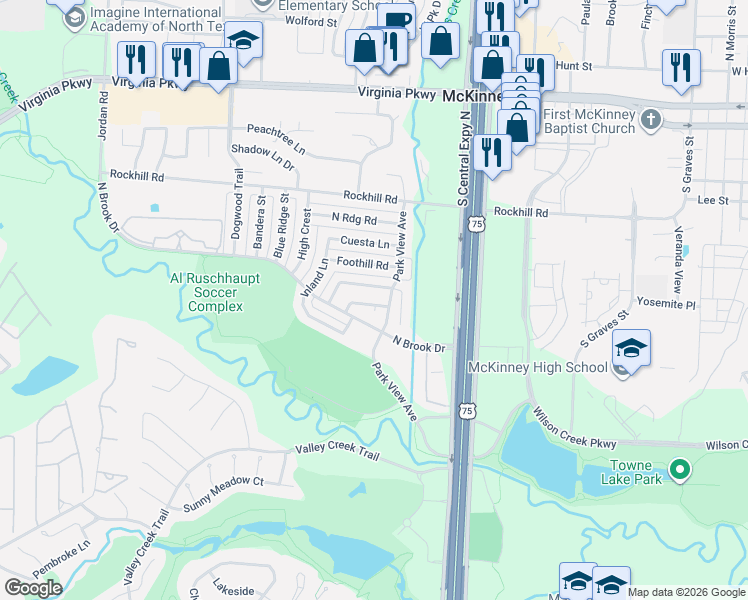 map of restaurants, bars, coffee shops, grocery stores, and more near 2306 Park Row Drive in McKinney