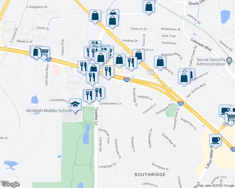 map of restaurants, bars, coffee shops, grocery stores, and more near 1800 Westminster Street in Denton