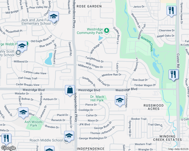 map of restaurants, bars, coffee shops, grocery stores, and more near 9829 Old Field Drive in McKinney