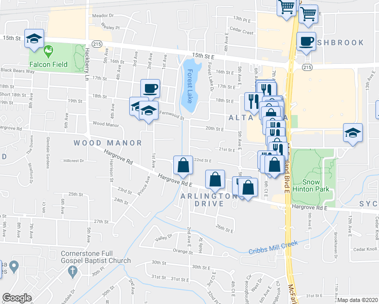 map of restaurants, bars, coffee shops, grocery stores, and more near 2099 Forest Lake Drive in Tuscaloosa