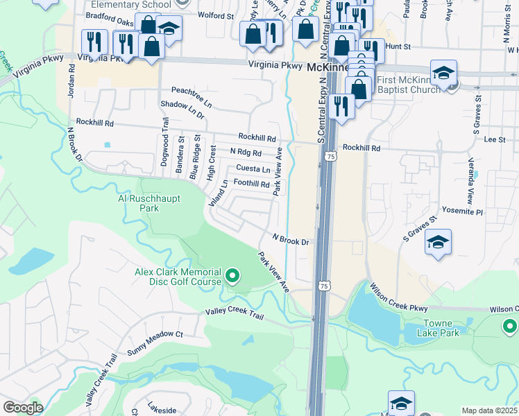map of restaurants, bars, coffee shops, grocery stores, and more near 2306 Park Row Drive in McKinney
