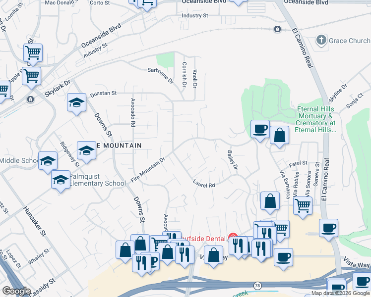 map of restaurants, bars, coffee shops, grocery stores, and more near 1724 Laurel Road in Oceanside