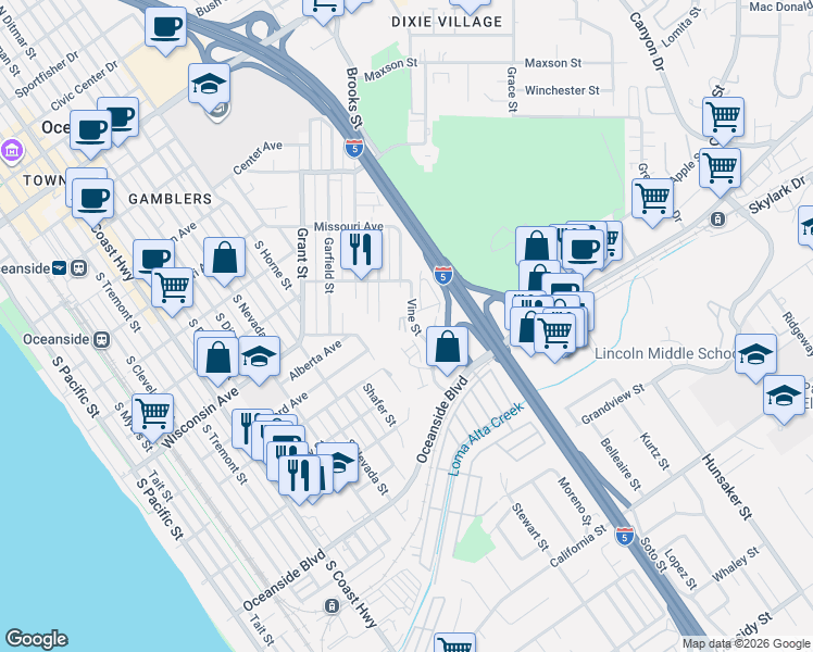 map of restaurants, bars, coffee shops, grocery stores, and more near 959 Vine Street in Oceanside
