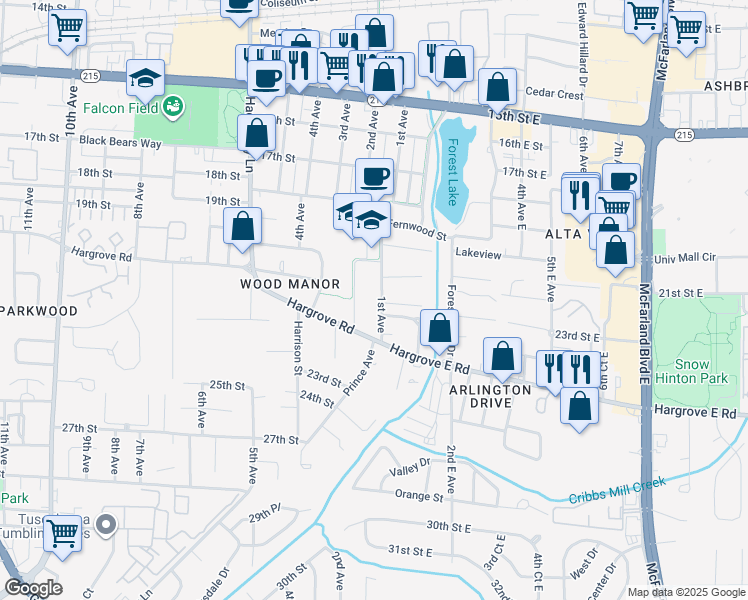 map of restaurants, bars, coffee shops, grocery stores, and more near 2040 1st Avenue in Tuscaloosa