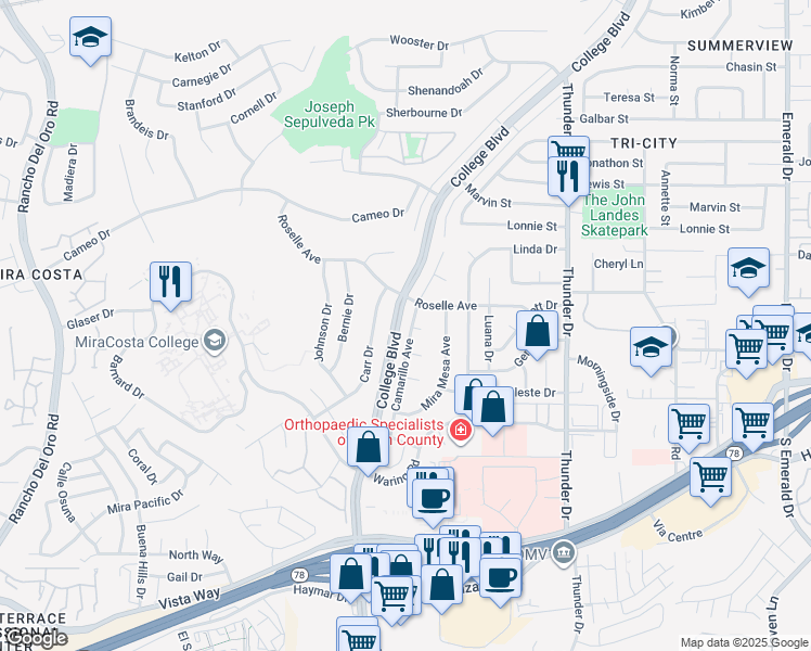 map of restaurants, bars, coffee shops, grocery stores, and more near 3167 Camarillo Avenue in Oceanside