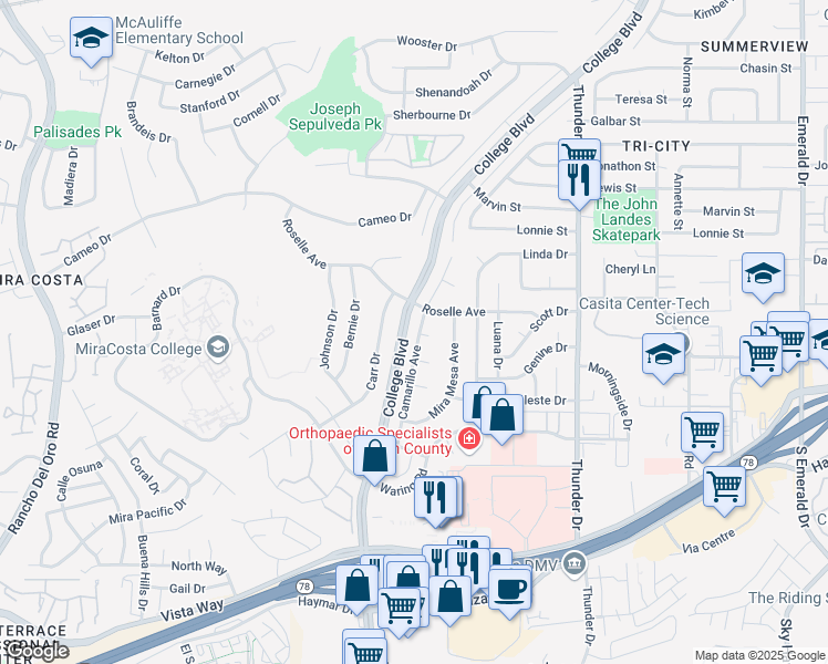 map of restaurants, bars, coffee shops, grocery stores, and more near 3167 Camarillo Avenue in Oceanside