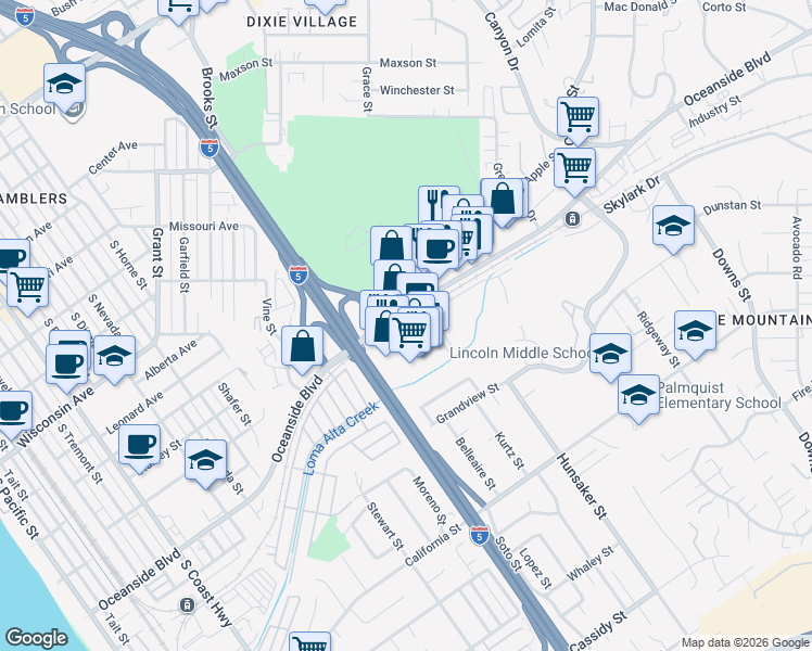 map of restaurants, bars, coffee shops, grocery stores, and more near 1999 South Oceanside Boulevard in Oceanside
