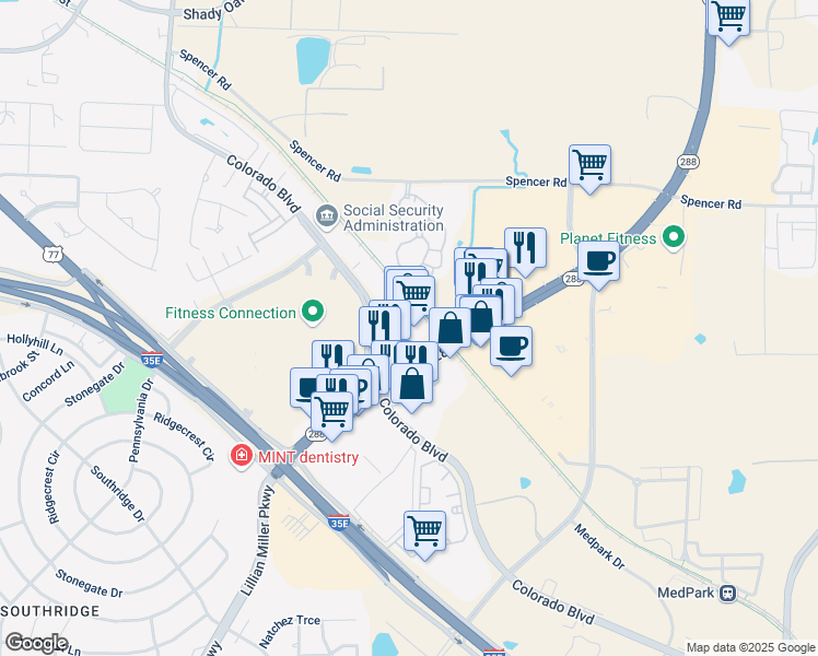 map of restaurants, bars, coffee shops, grocery stores, and more near in Denton
