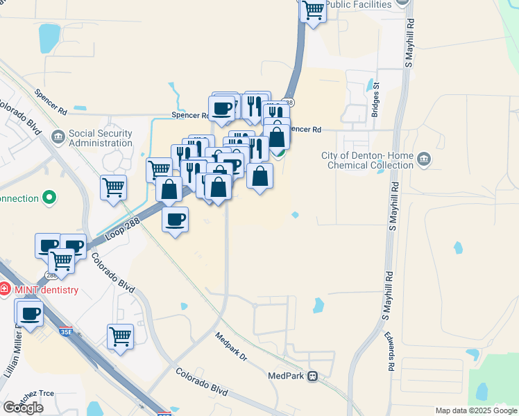 map of restaurants, bars, coffee shops, grocery stores, and more near 1515 South Loop 288 in Denton