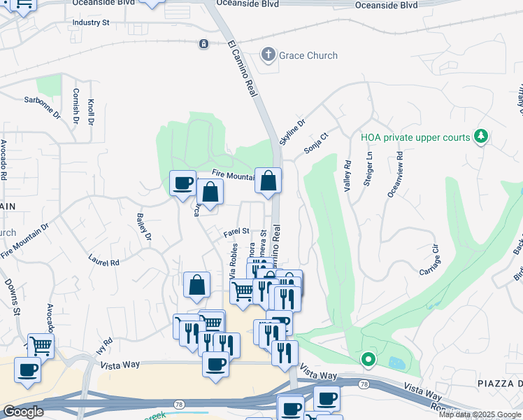 map of restaurants, bars, coffee shops, grocery stores, and more near 2051 Geneva Street in Oceanside