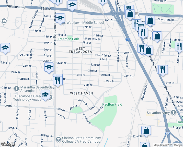 map of restaurants, bars, coffee shops, grocery stores, and more near 2801 24th St in Tuscaloosa