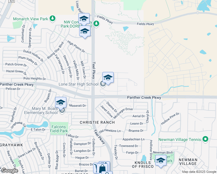 map of restaurants, bars, coffee shops, grocery stores, and more near 2606 Panther Creek Parkway in Frisco
