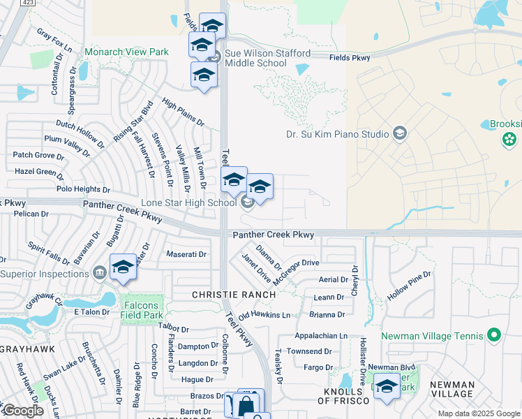 map of restaurants, bars, coffee shops, grocery stores, and more near 2606 Panther Creek Parkway in Frisco