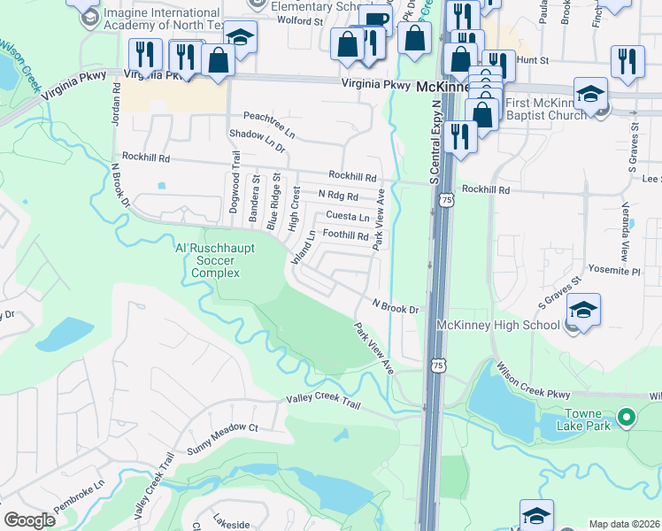 map of restaurants, bars, coffee shops, grocery stores, and more near 2413 North Brook Drive in McKinney