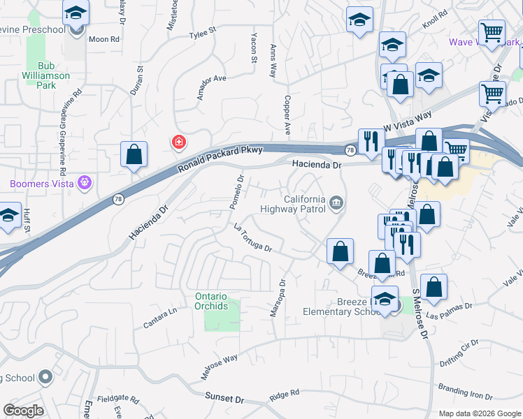 map of restaurants, bars, coffee shops, grocery stores, and more near 527 Jobe Hill Drive in Vista