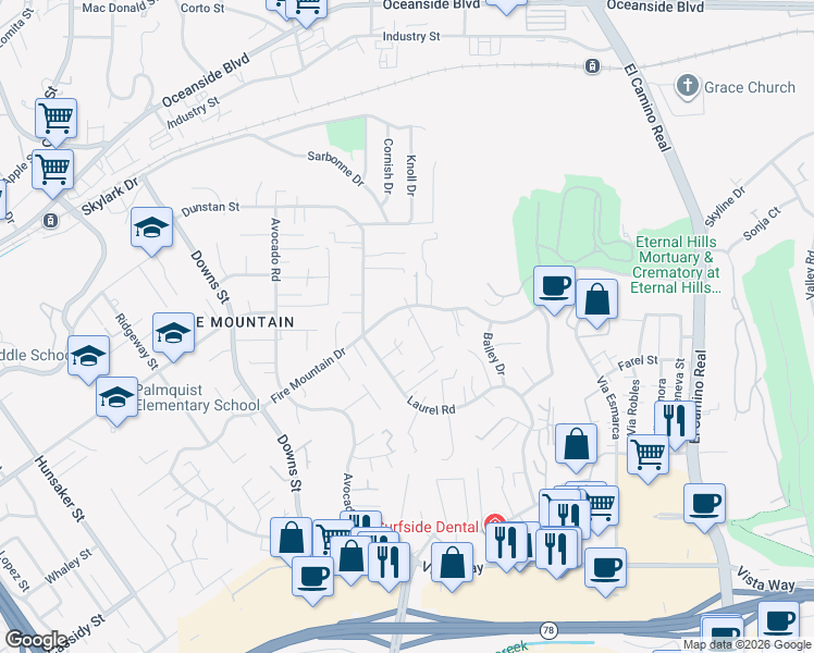 map of restaurants, bars, coffee shops, grocery stores, and more near 1763 Yucca Road in Oceanside