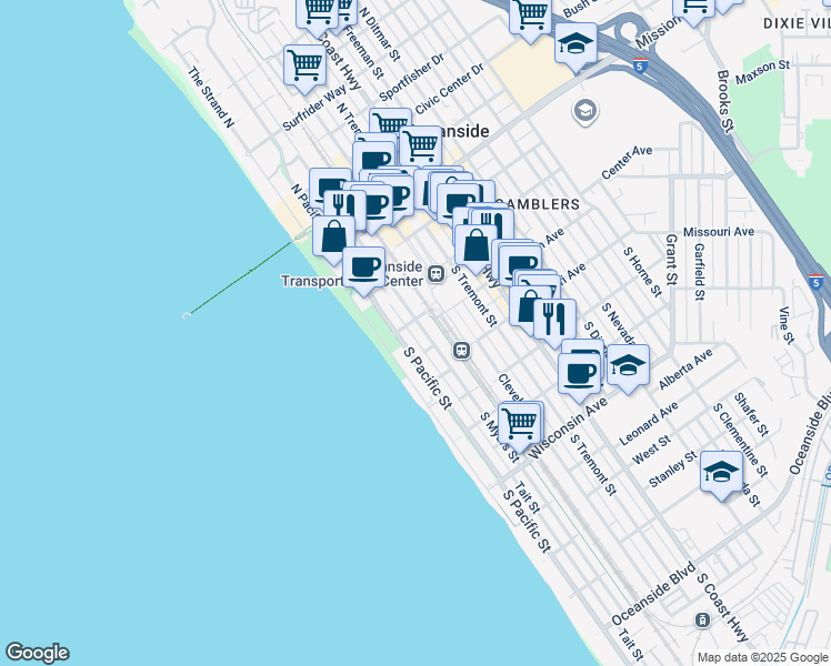 map of restaurants, bars, coffee shops, grocery stores, and more near 303 South Myers Street in Oceanside