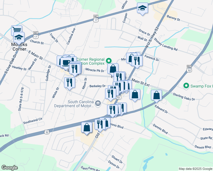 map of restaurants, bars, coffee shops, grocery stores, and more near 206 Palmetto Street in Moncks Corner