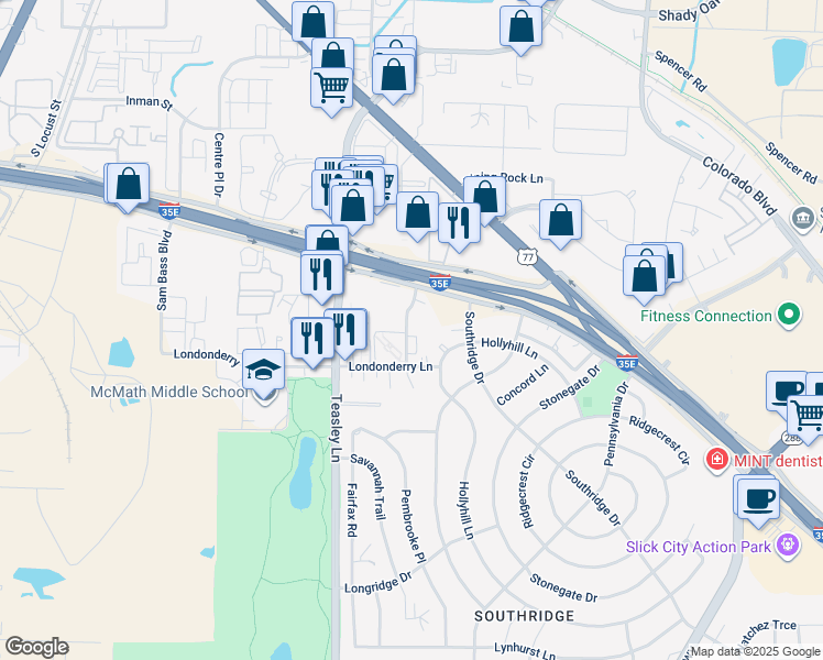 map of restaurants, bars, coffee shops, grocery stores, and more near 1800 Westminster Street in Denton