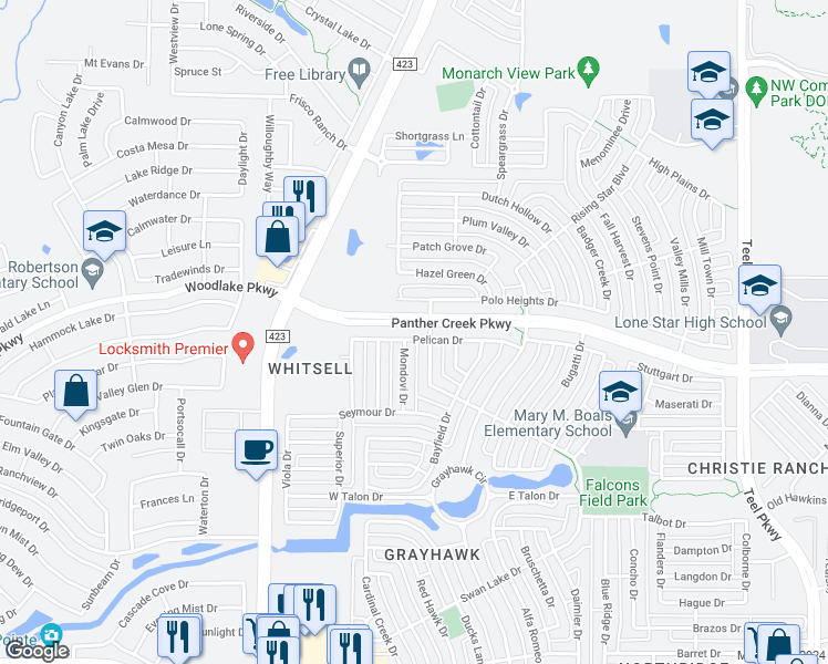map of restaurants, bars, coffee shops, grocery stores, and more near 1234 Pelican Drive in Frisco