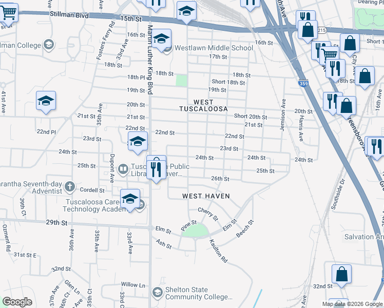 map of restaurants, bars, coffee shops, grocery stores, and more near 3002 25th St in Tuscaloosa