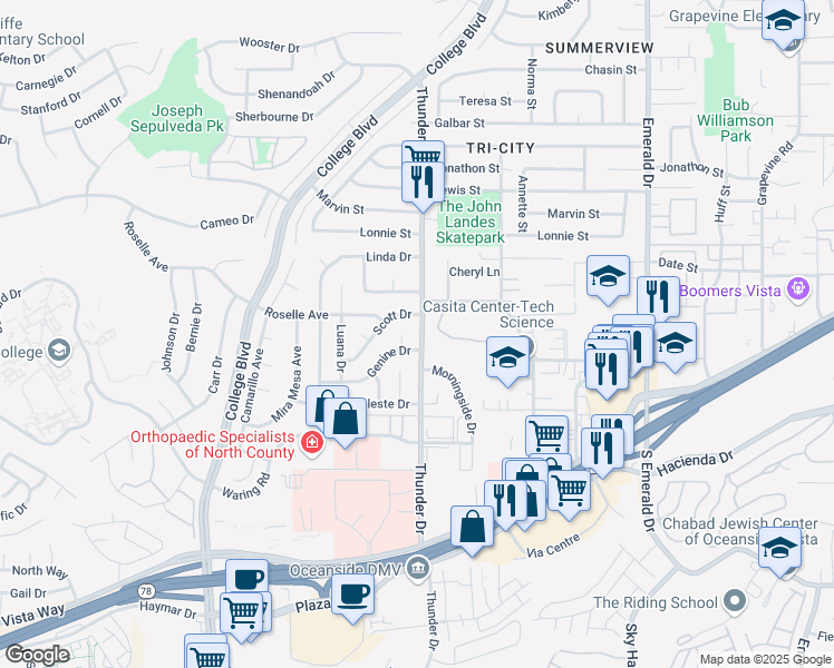 map of restaurants, bars, coffee shops, grocery stores, and more near 3011 Thunder Drive in Oceanside