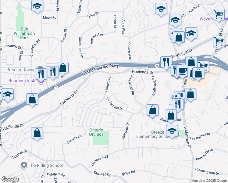 map of restaurants, bars, coffee shops, grocery stores, and more near 1181 La Tortuga Drive in Vista