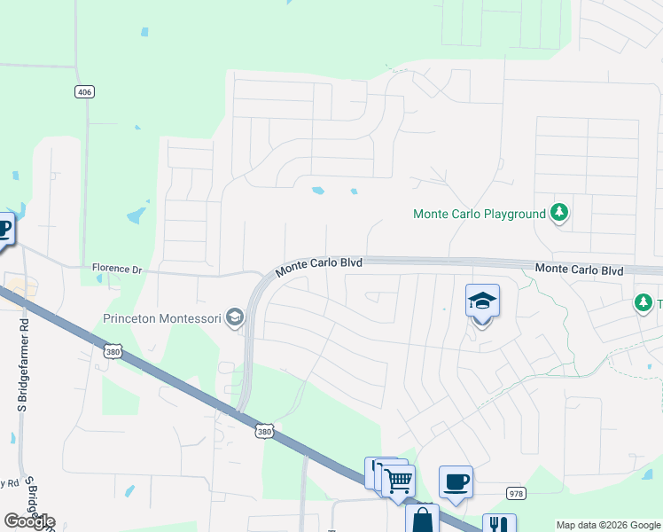 map of restaurants, bars, coffee shops, grocery stores, and more near 1400 Bent Grass Drive in Princeton