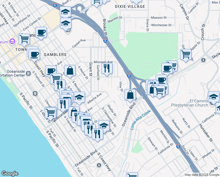 map of restaurants, bars, coffee shops, grocery stores, and more near 1187 Leonard Avenue in Oceanside