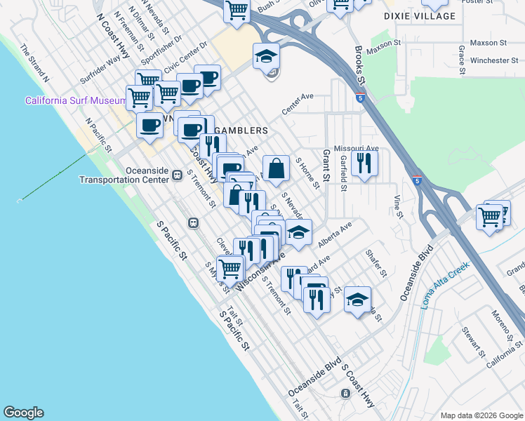 map of restaurants, bars, coffee shops, grocery stores, and more near 524 South Freeman Street in Oceanside