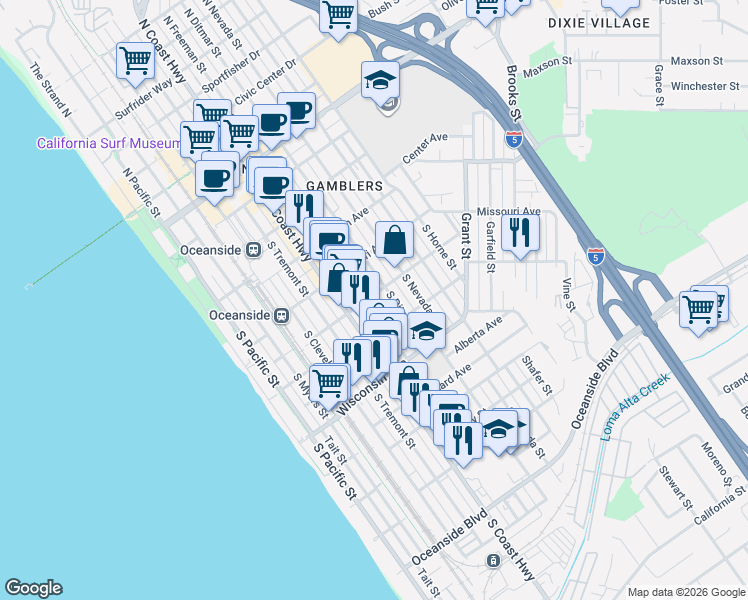 map of restaurants, bars, coffee shops, grocery stores, and more near in Camp Pendleton North