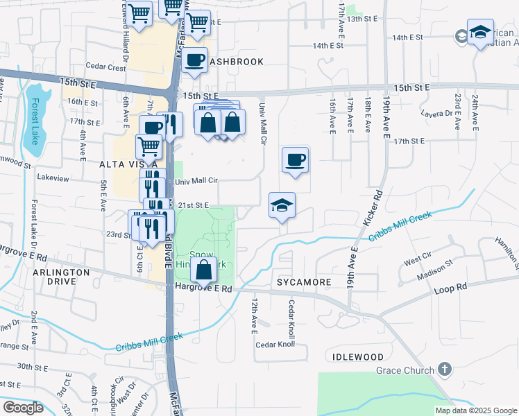map of restaurants, bars, coffee shops, grocery stores, and more near 1300 21st Street East in Tuscaloosa