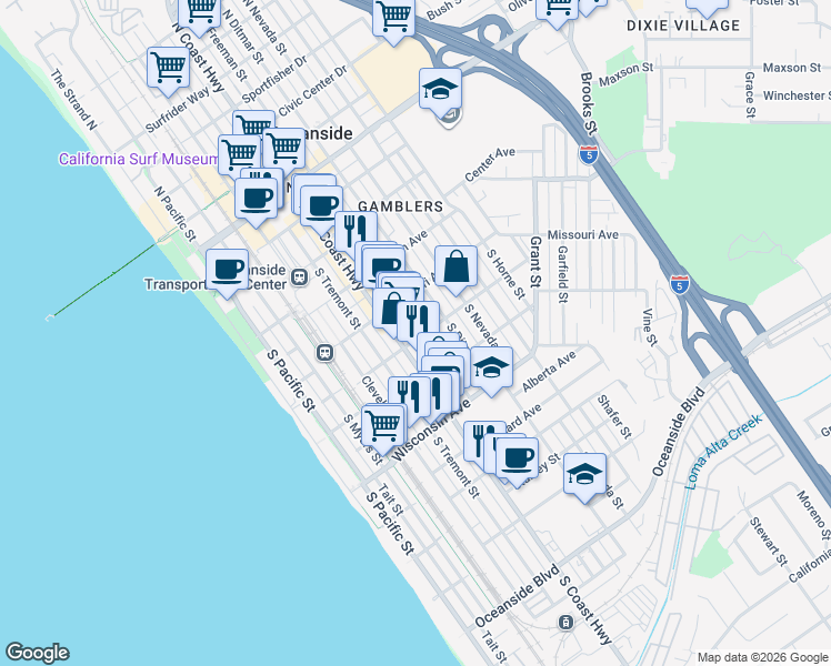 map of restaurants, bars, coffee shops, grocery stores, and more near 429 South Freeman Street in Oceanside