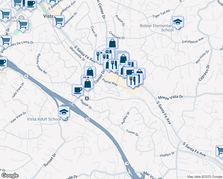 map of restaurants, bars, coffee shops, grocery stores, and more near 955 Postal Way in Vista
