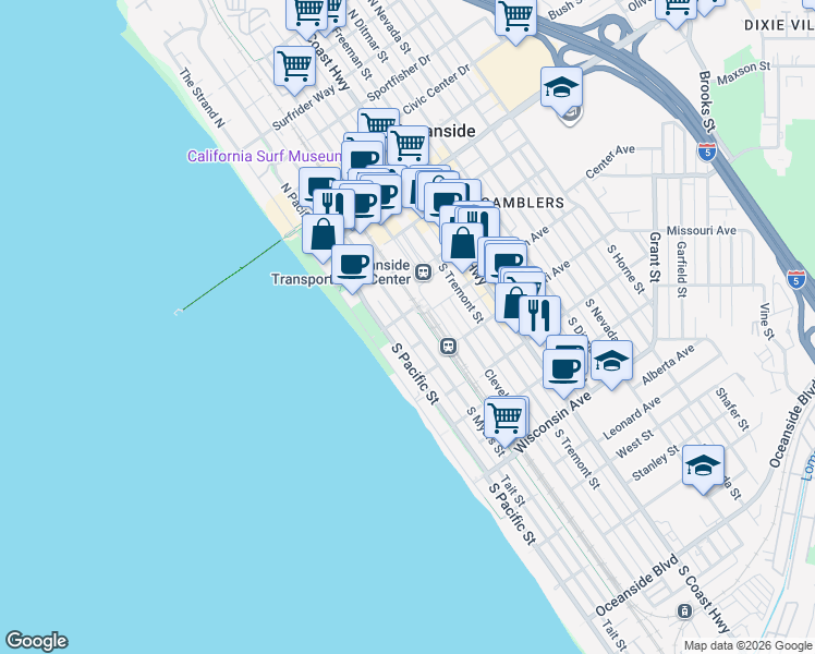 map of restaurants, bars, coffee shops, grocery stores, and more near 303 South Myers Street in Oceanside