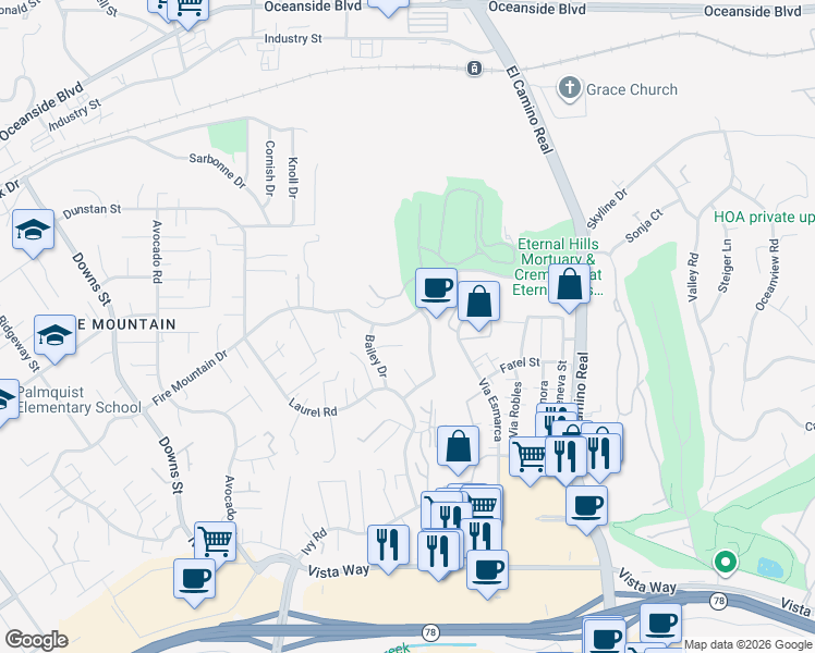 map of restaurants, bars, coffee shops, grocery stores, and more near 2619 Fire Mountain Drive in Oceanside