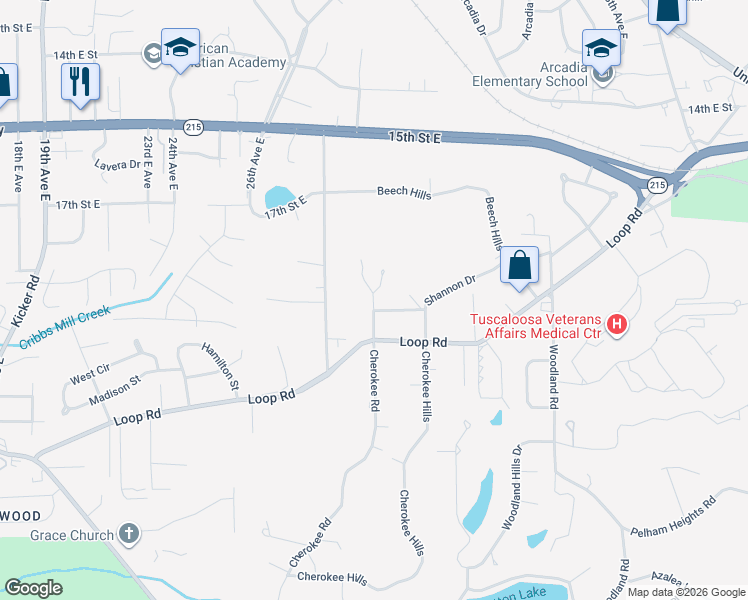 map of restaurants, bars, coffee shops, grocery stores, and more near 39 Beech Hills Drive in Tuscaloosa