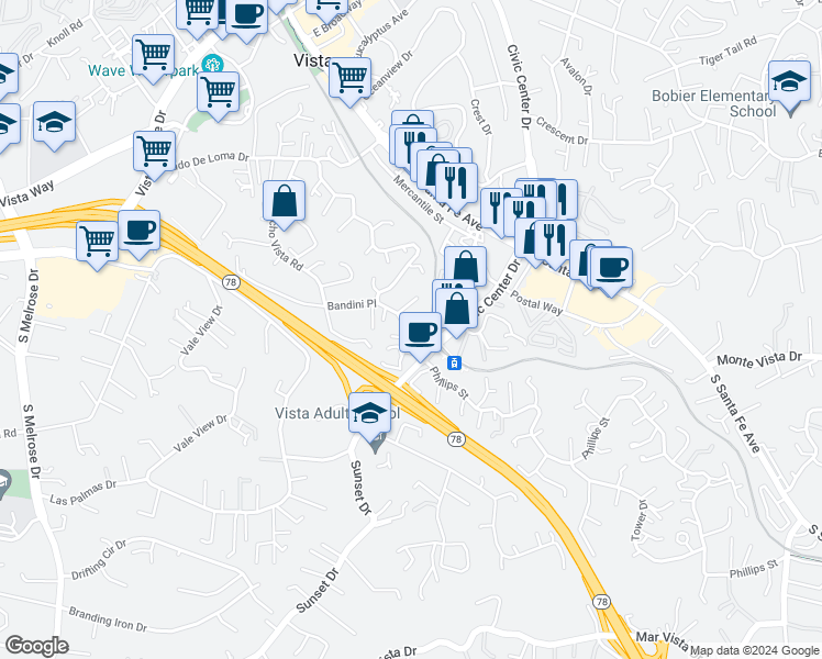 map of restaurants, bars, coffee shops, grocery stores, and more near 648 Lado De Loma Drive in Vista