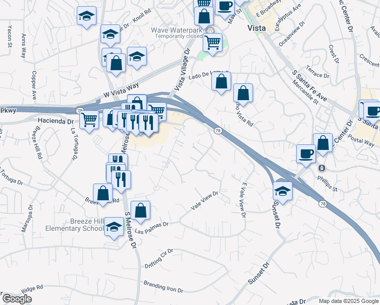 map of restaurants, bars, coffee shops, grocery stores, and more near 529 Vale View Drive in Vista