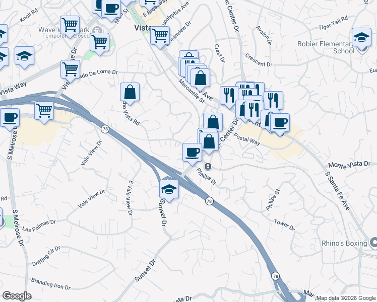 map of restaurants, bars, coffee shops, grocery stores, and more near 987 Civic Center Drive in Vista