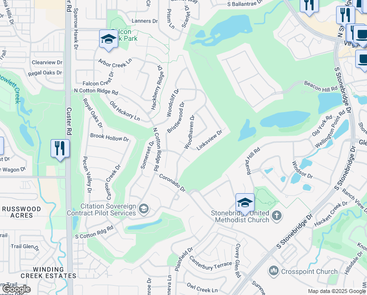 map of restaurants, bars, coffee shops, grocery stores, and more near 1401 Woodhaven Drive in McKinney