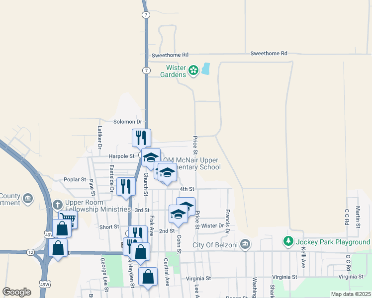 map of restaurants, bars, coffee shops, grocery stores, and more near 915 Price Street in Belzoni