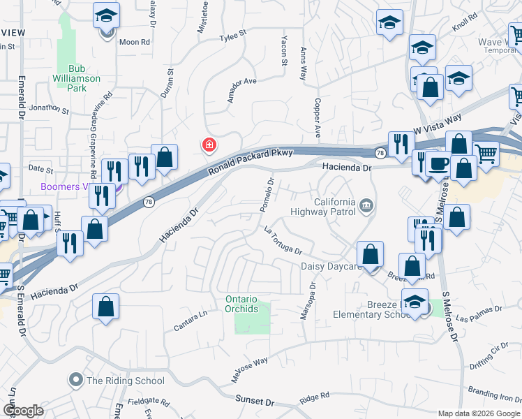 map of restaurants, bars, coffee shops, grocery stores, and more near 365A Pomelo Drive in Vista
