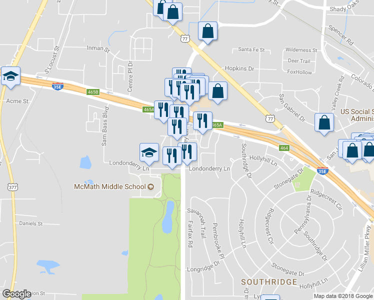map of restaurants, bars, coffee shops, grocery stores, and more near 1817 Teasley Lane in Denton