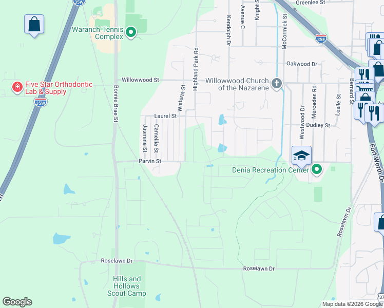 map of restaurants, bars, coffee shops, grocery stores, and more near 2117 Highland Park Road in Denton